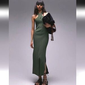 TOPSHOP Knit cross front midi dress in Olive Green. Size Medium